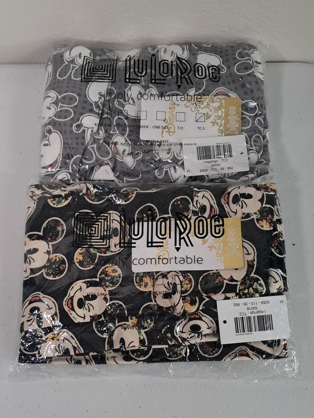 LuLaRoe Mickey Mouse Leggings - 2 Pairs, Black, Gray & Cream Size TC2